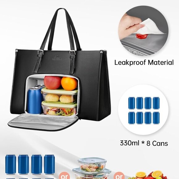 Laptop Tote Bag with Insulated Lunch Compartment, 15.6 Inch PU Leather Briefcase - Picture 2 of 9